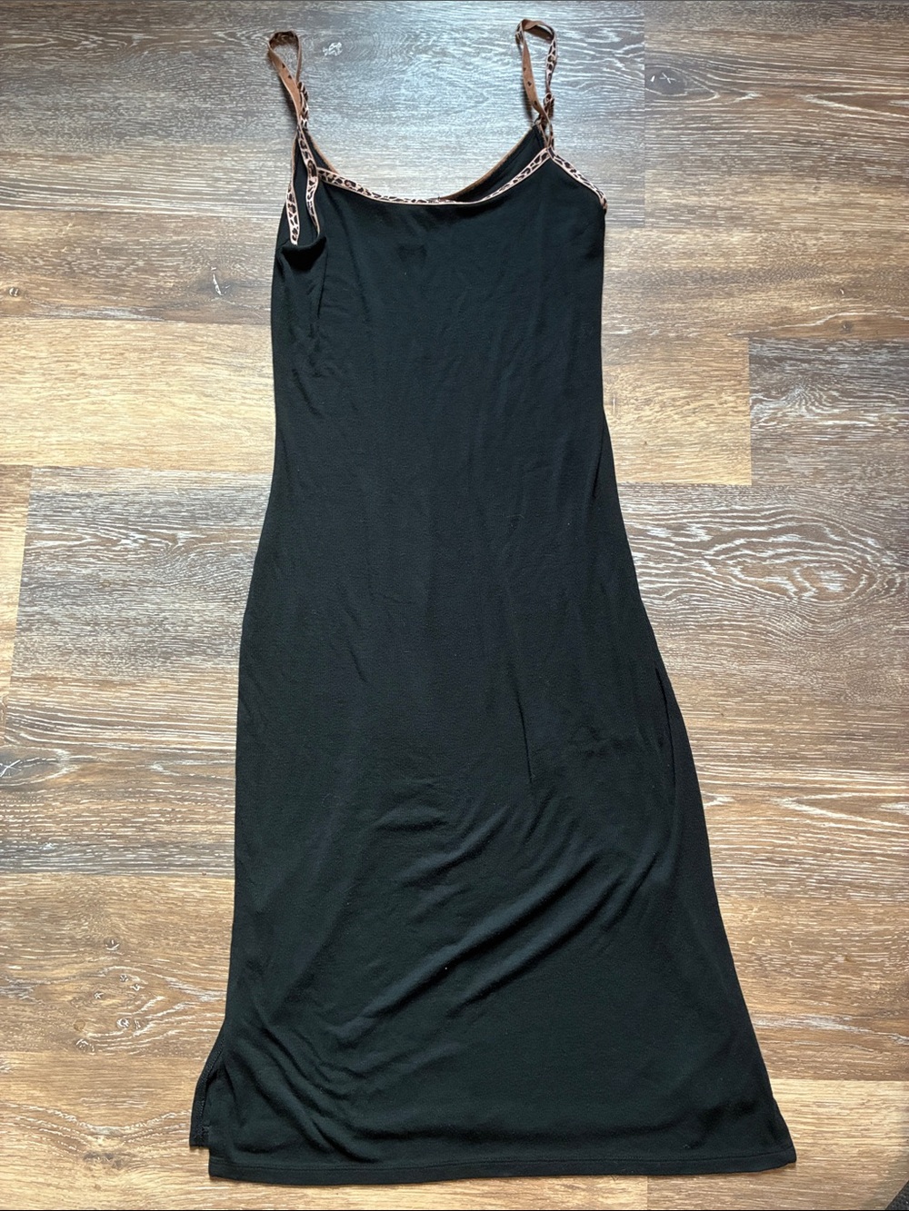 Victoria's Secret Black Midi Slip Dress with Leopard-Trim Straps